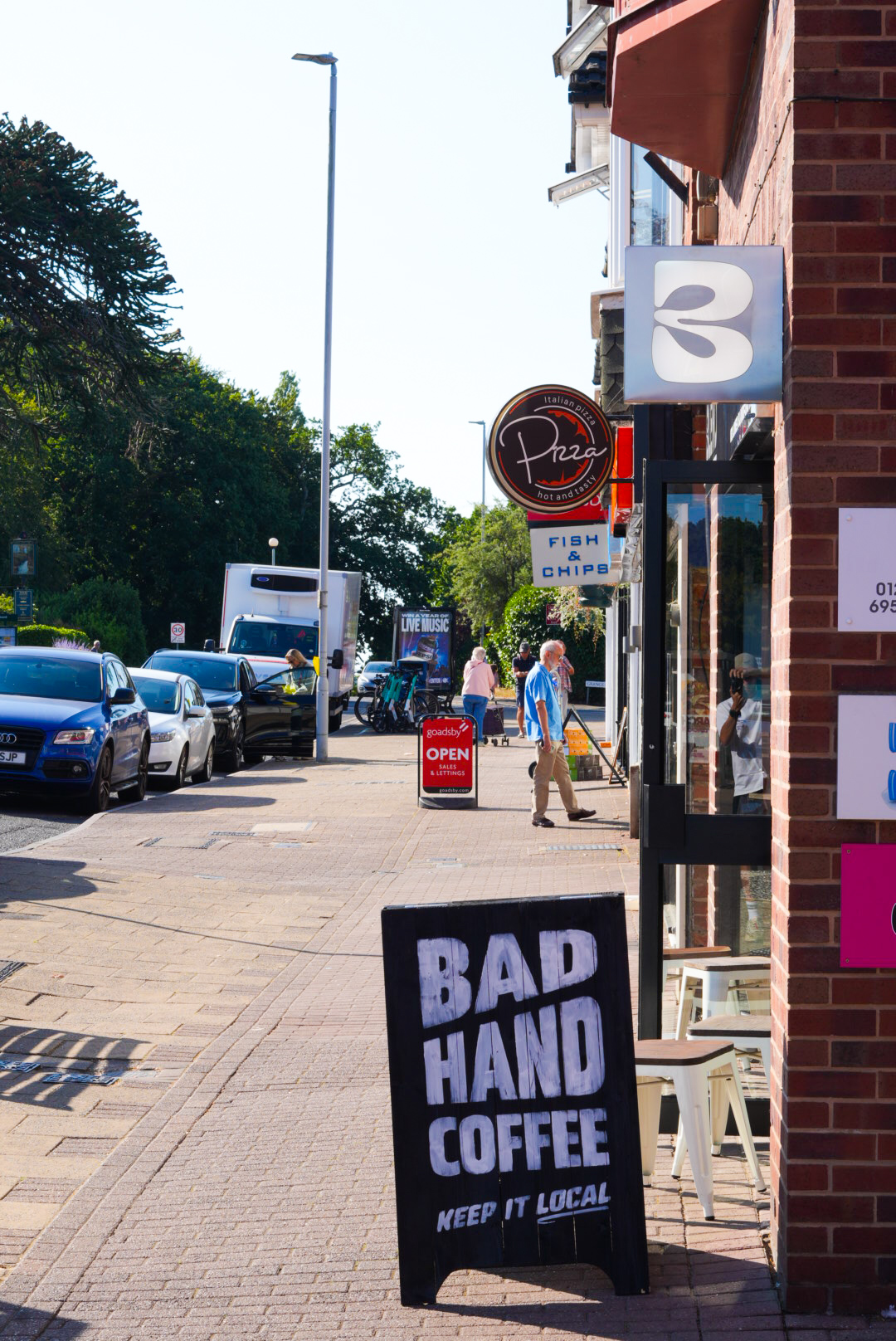 Bad Hand Coffee A-board outside Blend on The Broadway