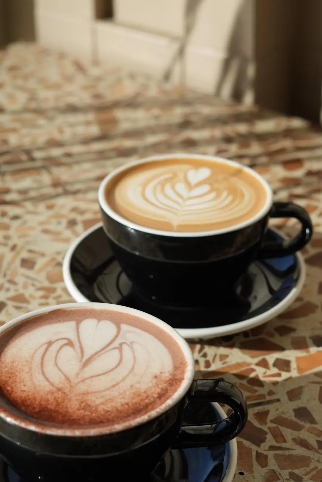 Flat white and hot chocolate, closer