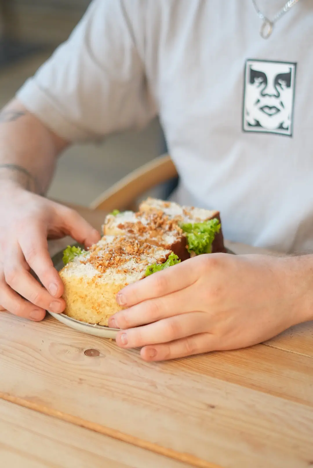 Katsu sando stacked on a small plate