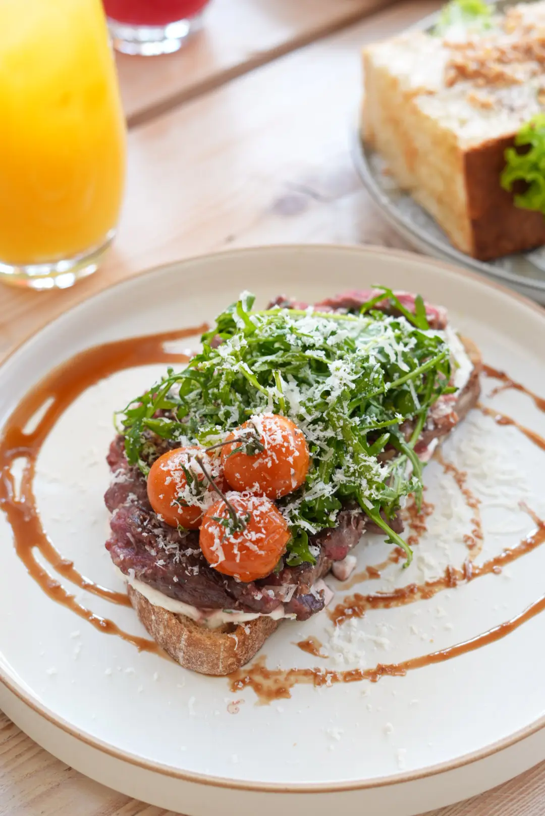 Bavette steak on sourdough close-up