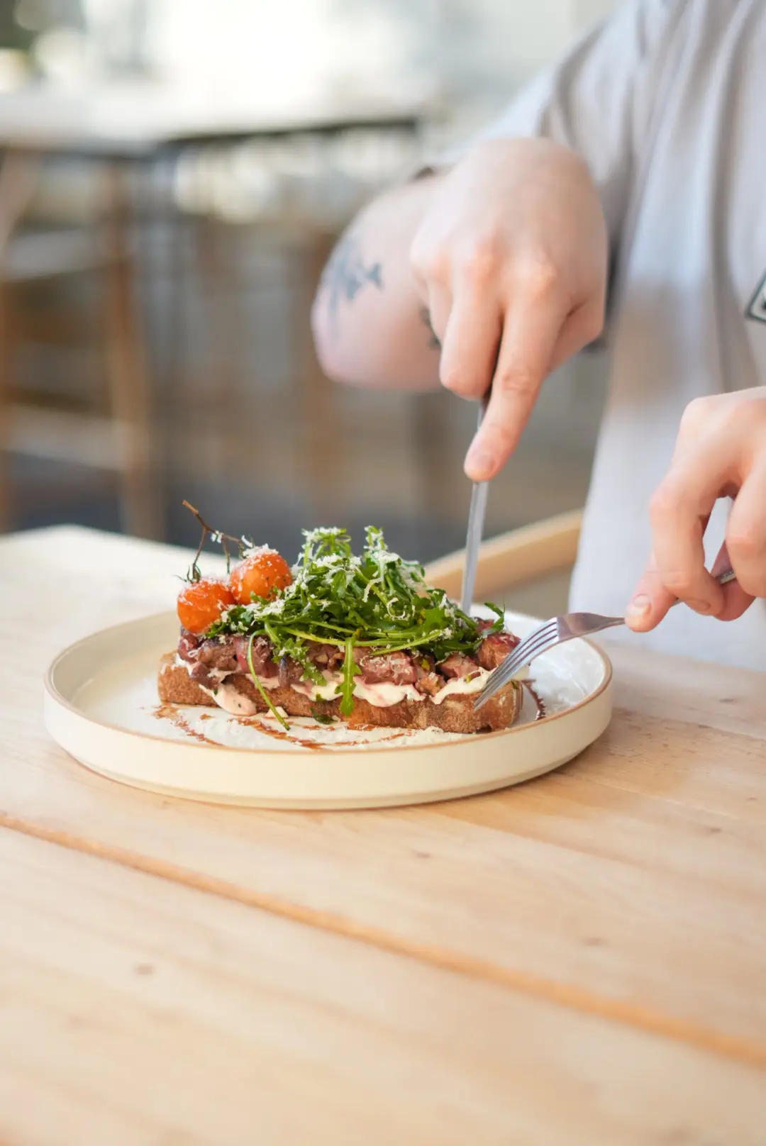 Steak sourdough with tomatoes mid-cut