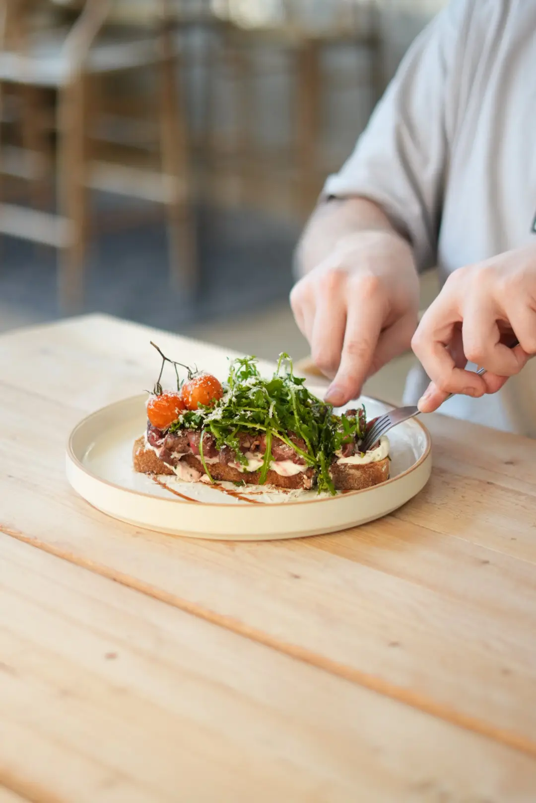 Steak sourdough plated overhead