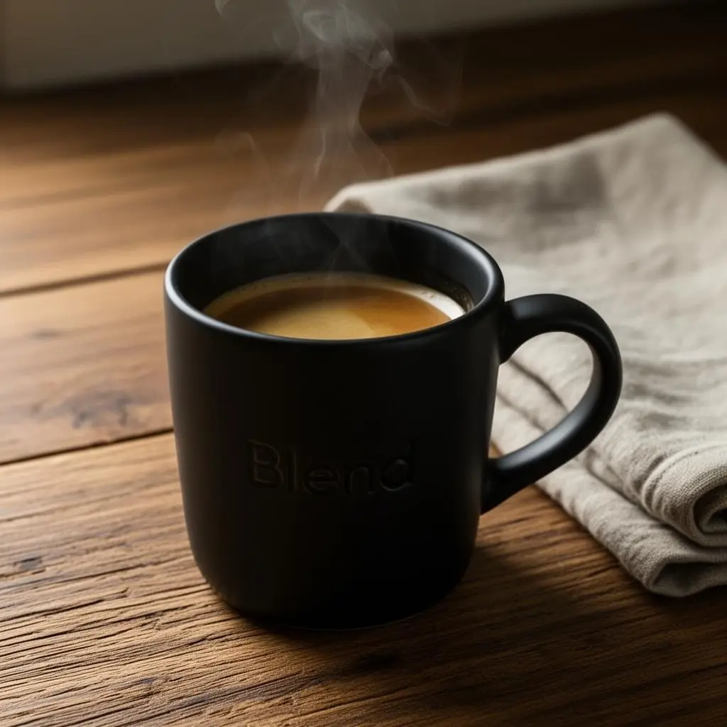 Matte black Blend ceramic mug with espresso and steam